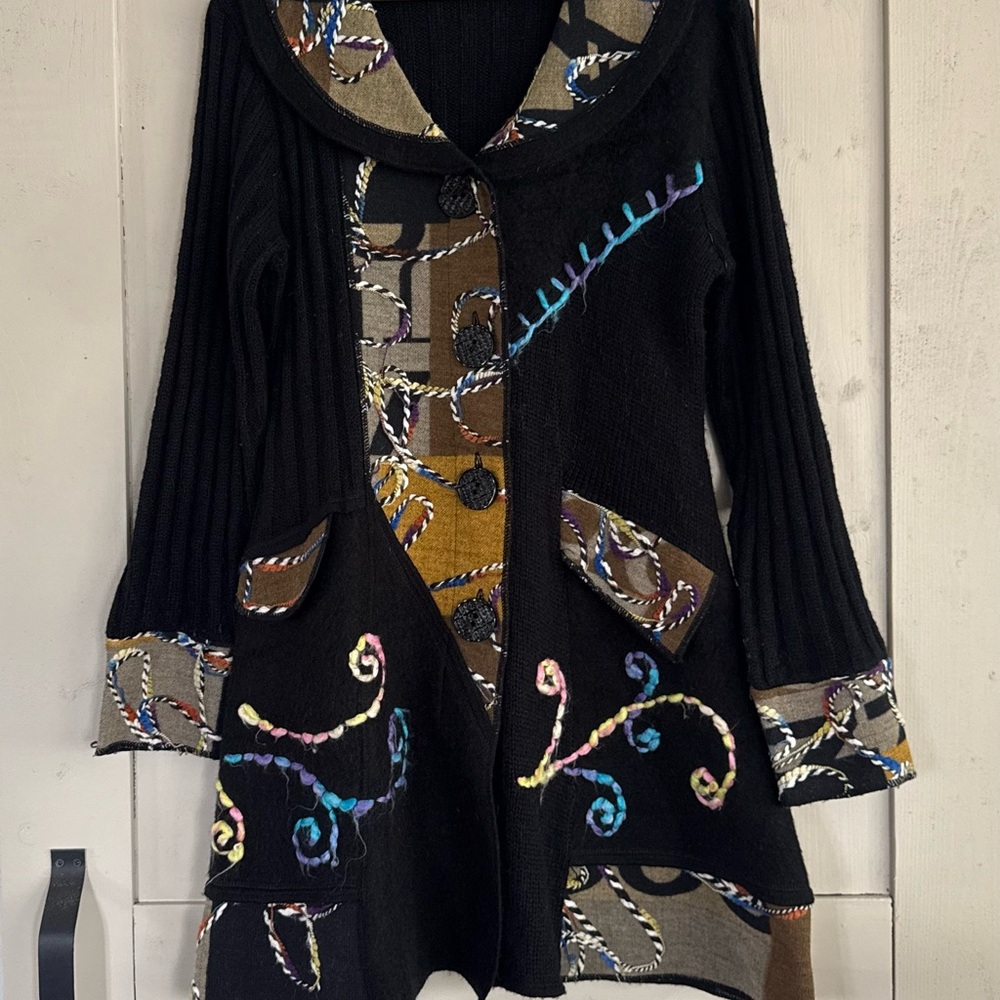 Vintage Black Embroidered Women’s Coat with Multicolor Accents